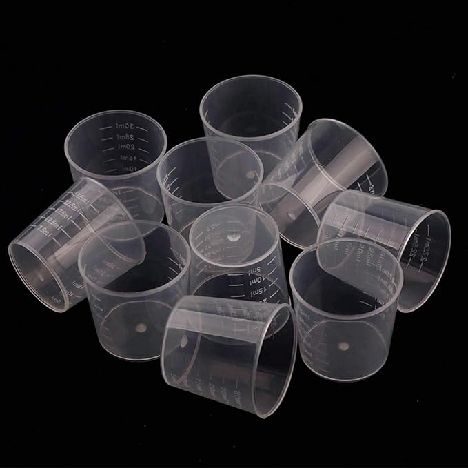 100 Pack 1oz/30ml Plastic Graduated Cups Transparent Scale Cups with 50 Pack Wooden Stirring Sticks for Mixing Paint, Stain, Epoxy, Resin