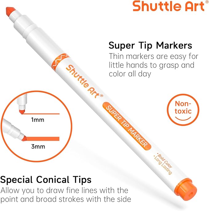 Shuttle Art 240 Pack Washable Super Tips Markers, 12 Assorted Colors Conical Tip Large Markers Bulk with a Box, Bonus Caps, Home Classroom School Supplies for Toddlers Kids Adults Students Teachers