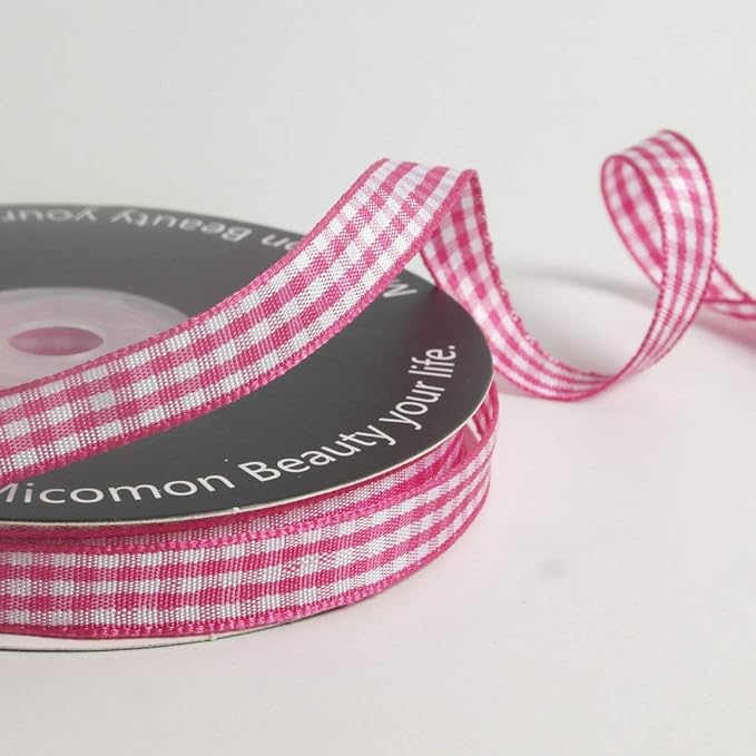 Pink and White Gingham Ribbon Hot Pink Gingham Ribbon 25 Yards Each Roll 100% Polyester (3/8", Hot.Pink)
