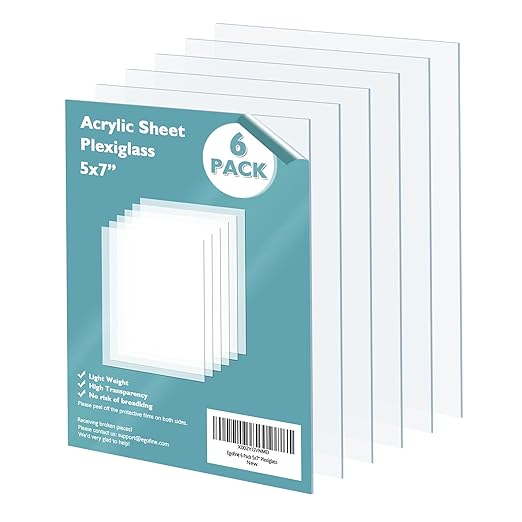 Egofine Plexiglass Sheets Acrylic Sheets 6 Pack of 5x7’’ 0.04 Thick Clear Plastic Cast Transparent Plexi Glass for Crafting Projects, Replacement Picture Frame Glass, DIY Display, Easy to Cut