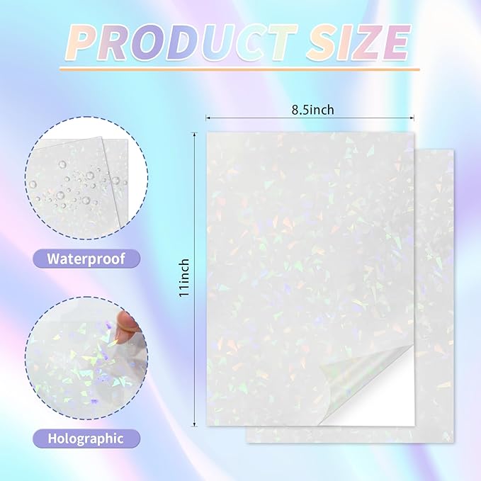 20 Sheets Holographic Sticker Paper,8.5x11 Inch Clear Printable Vinyl Sticker Papers,Self-Adhesive Waterproof for Inkjet/Laser Printer（Clear Glass）