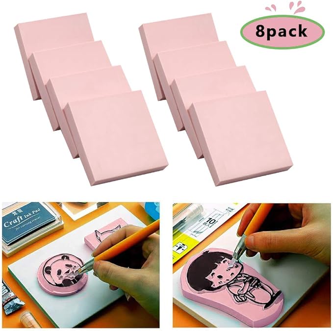8 Pcs 2"x2" Pink Rubber Carving Blocks for Stamp Soft Rubber Crafts, Soft and Easy to Carve (Square)
