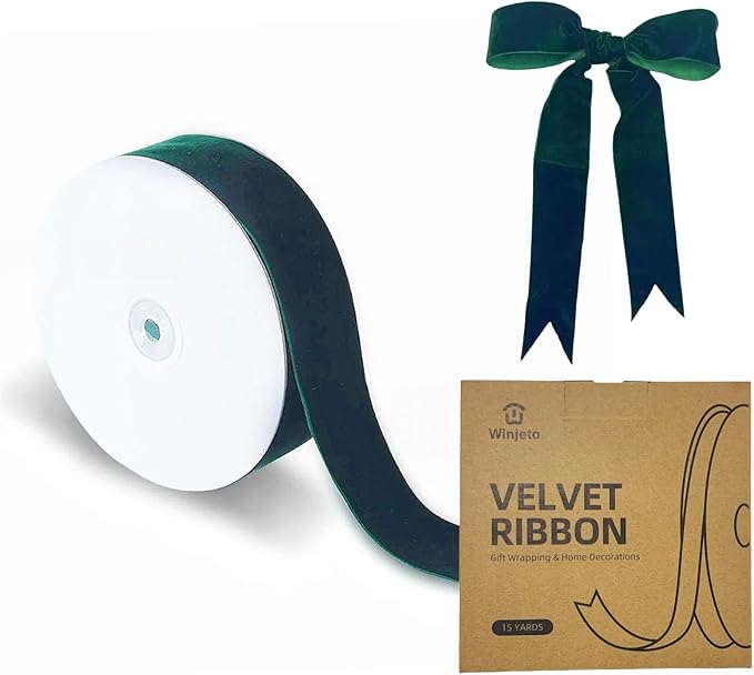 15 Yards Velvet Ribbon 1-1/2 Inch Single Face Green Velvet Ribbon Spool Prefect for Wedding, Ribbons for Gift Wrapping, Christmas Tree Ornaments Wreath Hair Bows, Ribbons for Crafts