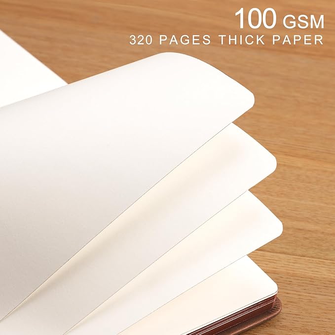 AHGXG Thick Journal Blank Notebook for Men - 320 Numbered Pages A5 Notebook for Writing, 100gsm Plain Paper, Vintage Leather Hardcover, for Women Work Office School, 5.75'' X 8.38''- Brown