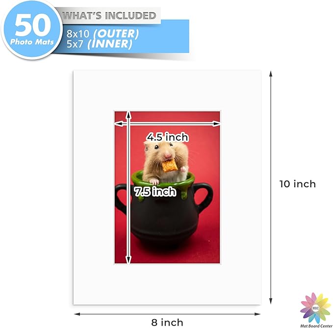 Mat Board Center, Pack of 50, 8x10 for 5x7 White Mats - Acid Free, 4-ply Thickness, White Core - for Pictures, Photos, Framing