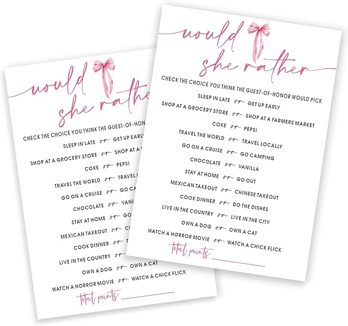 Wedding Shower Games Cards, Would She Rather Bridal Shower Game for 25 Guests, Engagement Party Wedding Games for Guests, Pink Ribbon Bow Wedding Party Supplies - E11