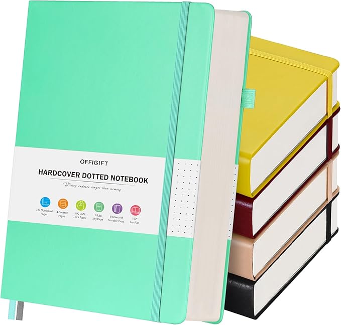 5 Pack Bullet Dotted Journal Notebook, 312 Numbered Pages Dot Grid Notebooks Bulk, 100gsm No Bleed Paper Hardcover Leather Journal, Dot Journal Notebook Set for Women Men School Office, A5, Multicolor