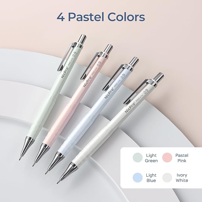 Nicpro Cute Mechanical Pencil Set, 4PCS 0.9mm Pastel Drafting Pencils with 4 Tube HB Lead Refills, 4B Erasers, Rotary Retractable Eraser and Eraser Refill for Writing Sketching Back to School Supplies