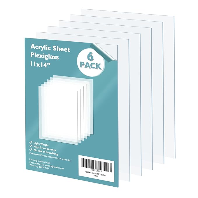 Egofine Plexiglass Sheets Acrylic Sheets 6 Pack of 11x14’’ 0.04 Thick Clear Plastic Cast Transparent Plexi Glass for Crafting Projects, Replacement Picture Frame Glass, DIY Display, Easy to Cut