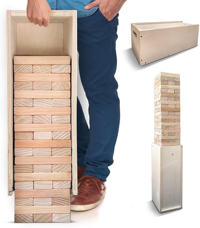SWOOC Games® - Giant Tower Game with 3-in-1 Straightener, Table & Storage Box - 90% Faster Set Up with Transforming Box & Straightener - Starts at 2-4ft - Grows to Over 6ft - Large Outdoor Yard Games