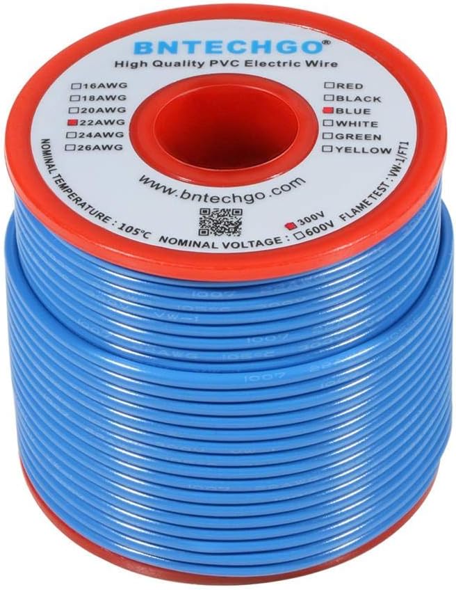 BNTECHGO 22 Gauge PVC 1007 Solid Electric Wire Blue 100 ft 22 AWG 1007 Hook Up Tinned Copper Wire