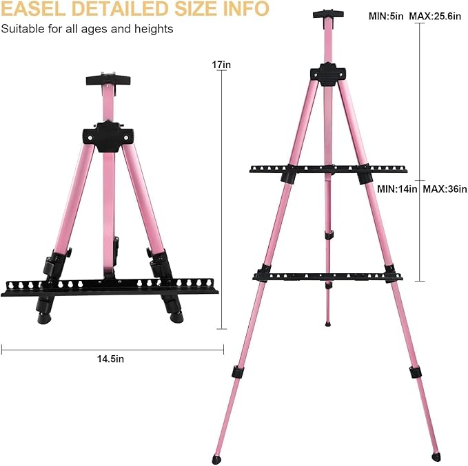 RRFTOK Artist Easel Stand, Aluminum Metal Adjustable Easel for Painting Canvases Height from 17 to 66 Inch,Carry Bag for Table-Top/Floor Drawing and Displaying(Pink)