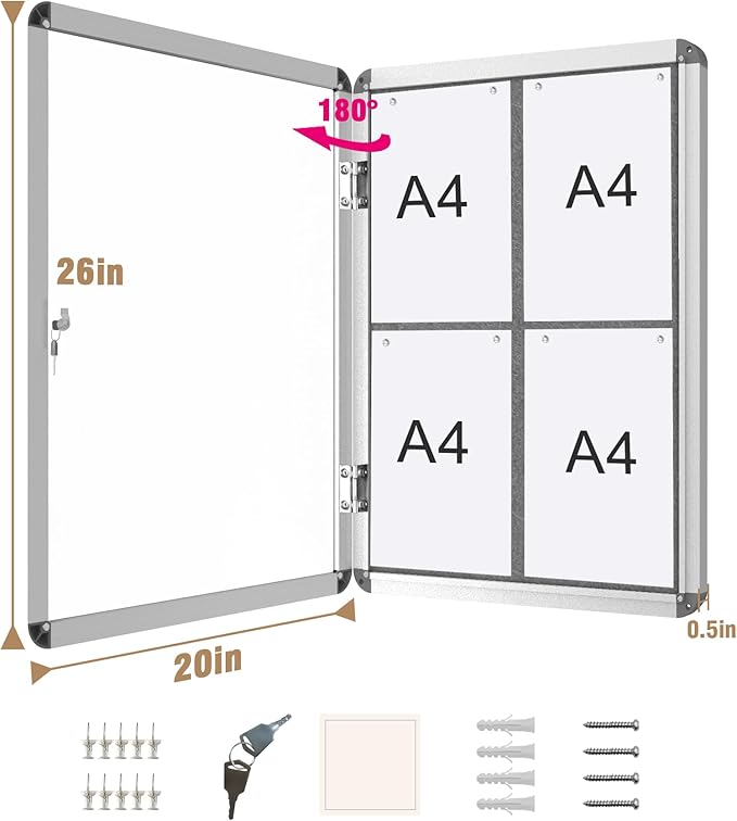 26"x20" Enclosed Bulletin Board, Lockable Weather-Resistant Aluminum Cork Noticeboard for School & Office, Silver Frame w/Grey Flet