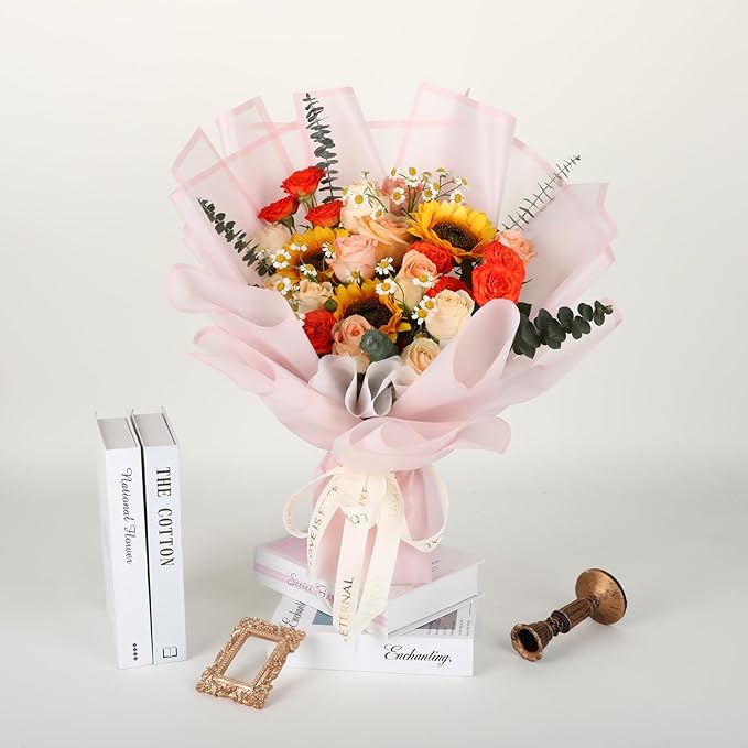 FUHITIM 20 Sheets Flower Wrapping Paper - Waterproof Floral Bouquet Packaging Paper for DIY Crafts，Florist Supplies Packaging Paper for Wedding Birthday Gift (Translucent Light Pink)