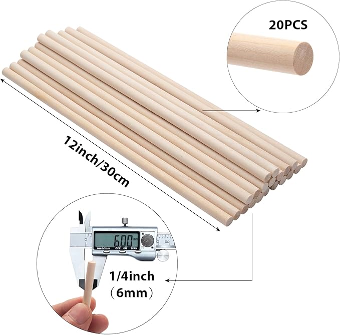 Wooden Dowels Wooden Sticks for Crafts, 1/4 x 12 Round Wood Dowel Rods, 20PCS Wood Sticks for Crafts, Lollipops and Tiered Cakes, Small Unfinished Hardwood Sticks for Crafting, Photo Booth Props