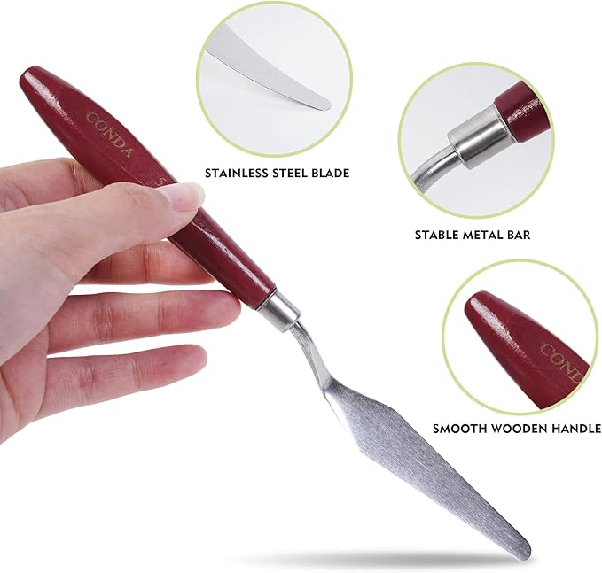 CONDA Palette Knife Painting Stainless Steel Spatula Palette Knife Oil Paint Metal Knives Wood Handle (Red 5 Piece)