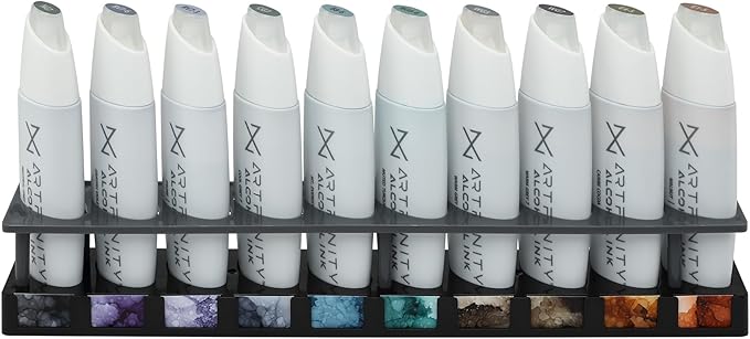 Artfinity Alcohol Ink Throwing Shade Set of 10 Colors (25 ml) with Free Acrylic Stand - for Painting or Alcohol Marker Refill Ink, Acid-Free, Fast-Drying, Permanent, Transparent, Swatch Template