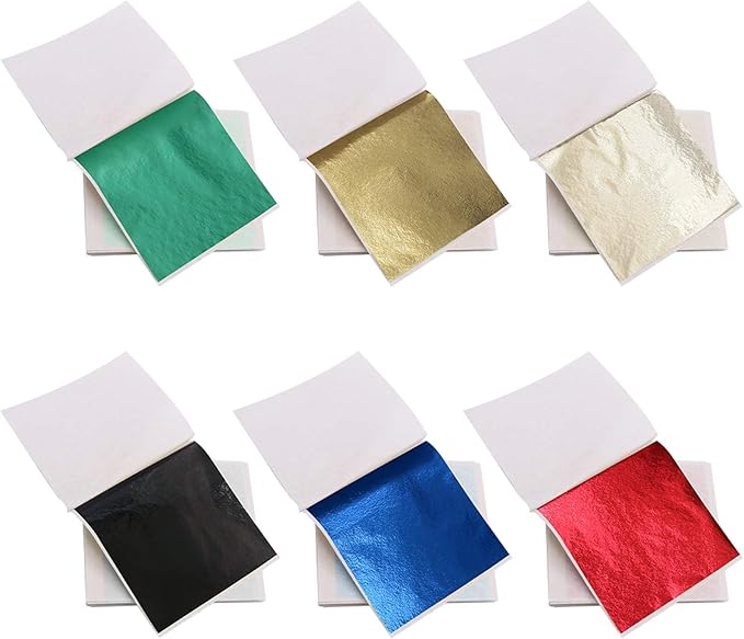 KINNO Gold Leaf Sheets, 600 Pieces Multipurpose 6 Colors Gilding Paper Leaf for Home, Wall, Frame, Ceiling, Furniture Decoration
