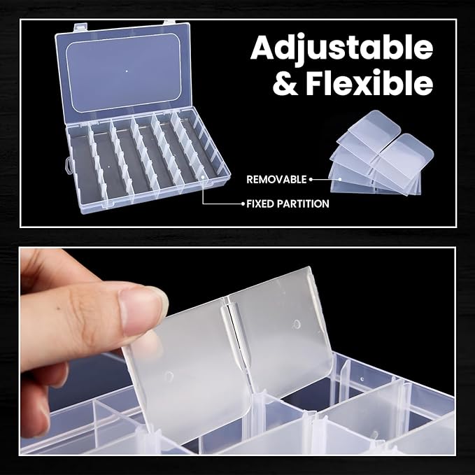 4pack 36 Grids Plastic Clear Organizer Box Bead Storage Containers with Adjustable Dividers for Craft Jewelry Fishing Tackles Parts Storage with 4 Sheets Label Stickers