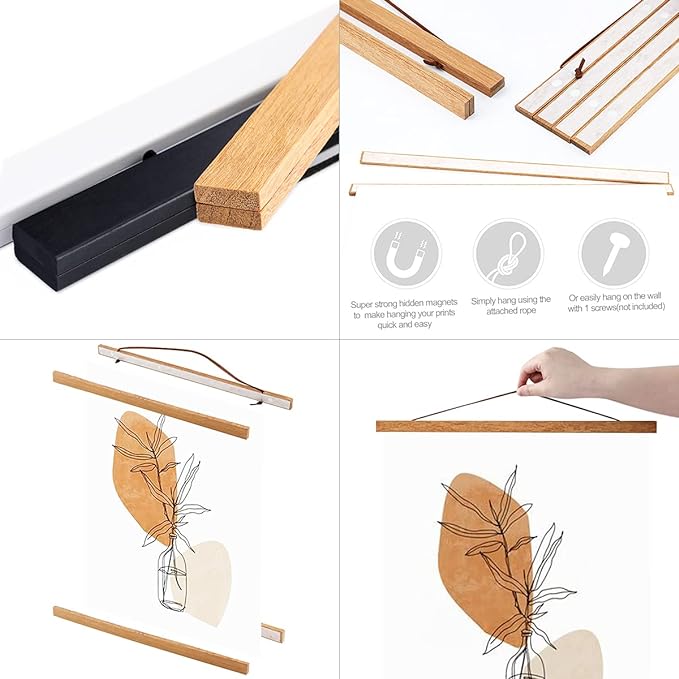 Ywlake Magnetic Poster Hanger, 12x18 12x16 12x24 Poster Frame Wood Wooden Magnet Print Posters Dowel Scroll Hanger Hangers Hanging Kit for Walls Map Canvas Artwork (Teak Wood, 12")