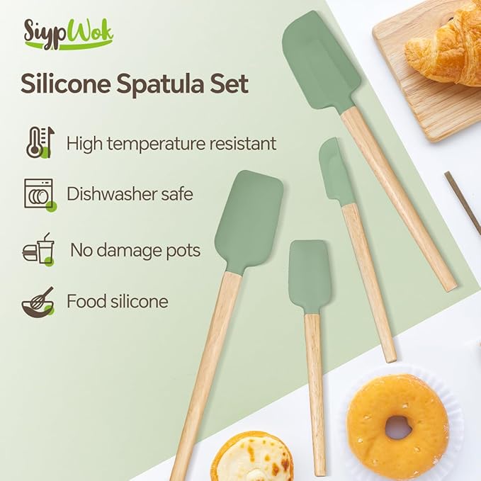 Silicone Spatula Set, Food Grade Rubber Spatula-4 Piece Nonstick Rubber Spatulas, Spoonula, Jar Scraper for Cooking, Baking, Mixing, Frosting - Heat Resistant Up to 600°F (Spatulas-Green)