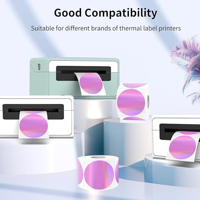 2" Circle Holographic Thermal Label Stickers, Round Printable Rainbow Glitter Thermal Printer Sticker Labels for Gift Wrapping, Self-Adhesive Name Price Tag DIY Custom Logo Design- Pink