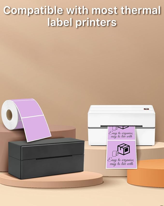 iEager Purple Square Thermal Label Stickers, 3" x 3" Self-Adhesive Square Direct Thermal Labels with Perforation Line, 500 Sheets/Roll
