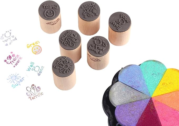 DECORA 6pcs Round Wood Rubber Stamp for School Teachers English Toy Stamp Au116s1p1us1