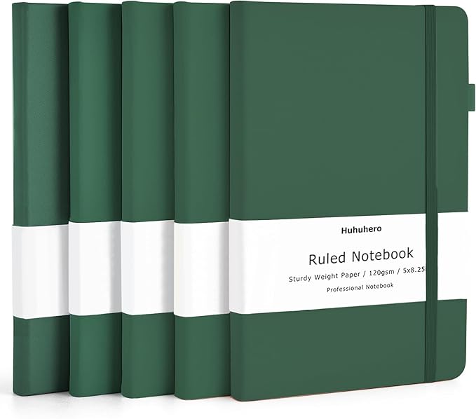 Huhuhero Notebooks Journal, Ruled Notebook, Premium Thick Paper Lined Journal, Black Hardcover Notebook for Office Home School Business Writing Note Taking Journaling, 5"×8.25" (5, Green)
