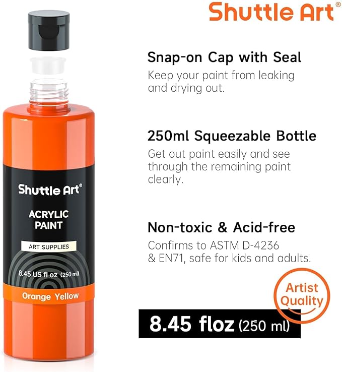 Shuttle Art Acrylic Paint, 24 Colors Acrylic Paint Bottle Set, 250ml/8.45oz Each, Rich Pigments, High Viscosity, Bulk for Artists, Beginners and Kids Painting on Rocks Crafts Canvas Wood