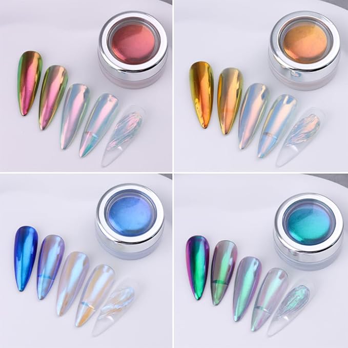 4 Colors Chameleon Chrome Nail Powder Kit, Metallic Mirror Effect Nail Glitter Aurora Iridescent Pearlescent Mermaid Pigment Dust for Gel Polish Nail Art Decoration, Resin Craft