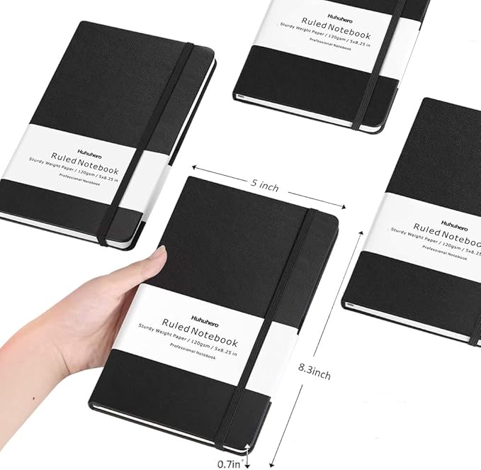 Huhuhero Lined Journal Notebook, 5 Pack Black Hardcover Notebooks for Work Women Men, 120Gsm Thick Paper Leather Journals for Writing Note Taking Business, Journaling School Supplies 5"×8.25"
