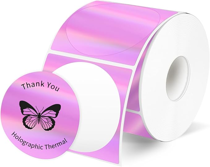 2" Circle Holographic Thermal Label Stickers, Round Printable Rainbow Glitter Thermal Printer Sticker Labels for Gift Wrapping, Self-Adhesive Name Price Tag DIY Custom Logo Design- Pink