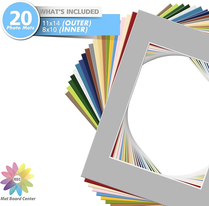 Mat Board Center, Pack of 20 11x14 MIXED COLORS White Core Picture Mats for 8x10 Photos pictures and prints.