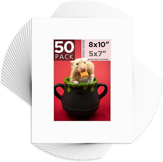Mat Board Center, Pack of 50, 8x10 for 5x7 White Mats - Acid Free, 4-ply Thickness, White Core - for Pictures, Photos, Framing