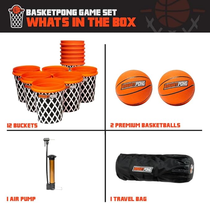 Giant Yard Pong and Basketball Game with 12 Buckets, 2 Balls, Carrying Bag, and Air Pump – Outdoor Game for Lawn, Backyard, Beach, and Parties