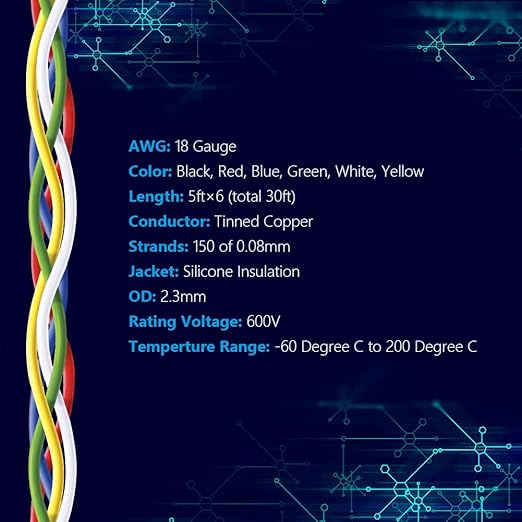 Fermerry 18 AWG Stranded Wire Spool 5ft Each 6 Colors Flexible 18 Gauge Silicone Hook up Wire Kit Electrical Tinned Copper Wire