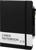 Aodaer 1 Set Lined Notebook Journal with Pen A5 Notebooks 100 GSM College Ruled Hardcover Notebook PU Leather Notepad with Pen Holder for Office School, 5.7 x 8.3 Inches, Black