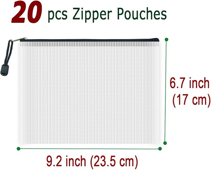 AUSTARK 20 Pcs Zipper File Bags, Plastic Mesh Pouch, Board Game Storage Bag, Waterproof Bags for Office School (A5 Size 9.2''x6.7'', White and Black)