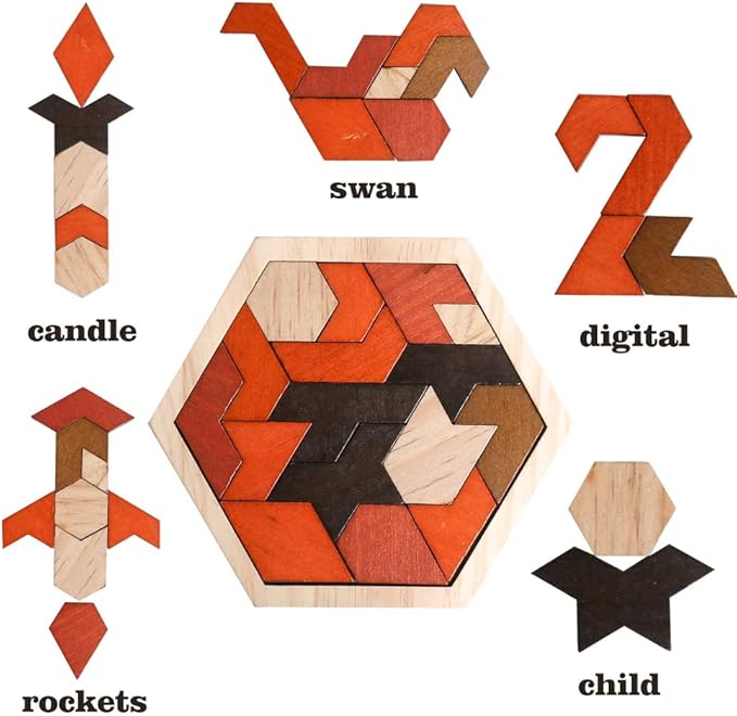 Skrtuan Wooden Puzzle Hexagon Tangram Puzzle for Kids Adults Brain Teasers Puzzles Game Challenge Toy Shape Pattern Block Tangram Family Portable Montessori Educational Gift for Kids Boys Girls
