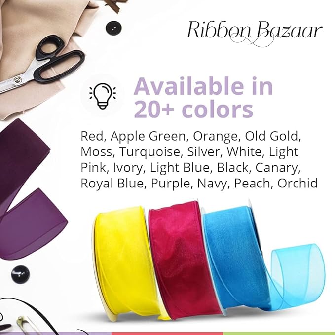Ribbon Bazaar Sheer Organza Wired Ribbon - 100% Polyester Wire Edged Ribbon for Floral Decor, Table Arrangements, Apparel Embellishment & More - 1-1/2" Moss 25yd