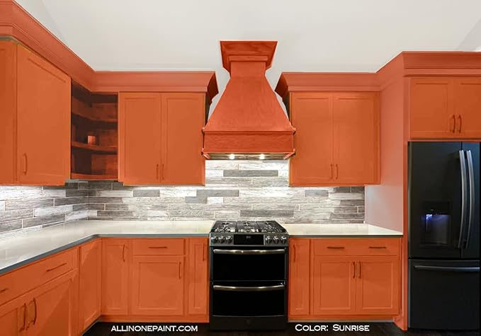 ALL-IN-ONE Paint, Durable cabinet and furniture paint. Built in primer and top coat, no sanding needed. Includes our 30 featured color card - Sunrise (orange-coral), Gallon
