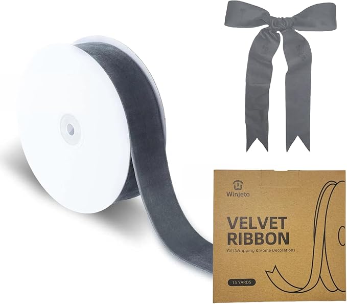 15 Yards Velvet Ribbon 1-1/2 Inch Single Face Grey Velvet Ribbon Spool Prefect for Wedding, Ribbons for Gift Wrapping, Christmas Tree Ornaments Wreath Hair Bows, Ribbons for Crafts