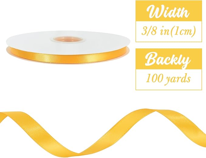 TONIFUL 3/8 Inch x 100yds Yellow Satin Ribbon Thin Solid Fabric Ribbons Roll for Gift Wrapping Invitation Floral Hair Balloons Craft Sewing Party Wedding Popsicles Decoration Valentine's Day Bouquet