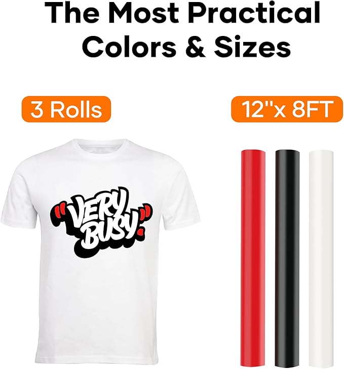 HTVRONT HTV Vinyl Rolls Black White and Red Heat Transfer Vinyl, 12" x 8 FT Black White and Red Iron on Vinyl for Shirt, Easy to Cut & Weed for Heat Vinyl Design