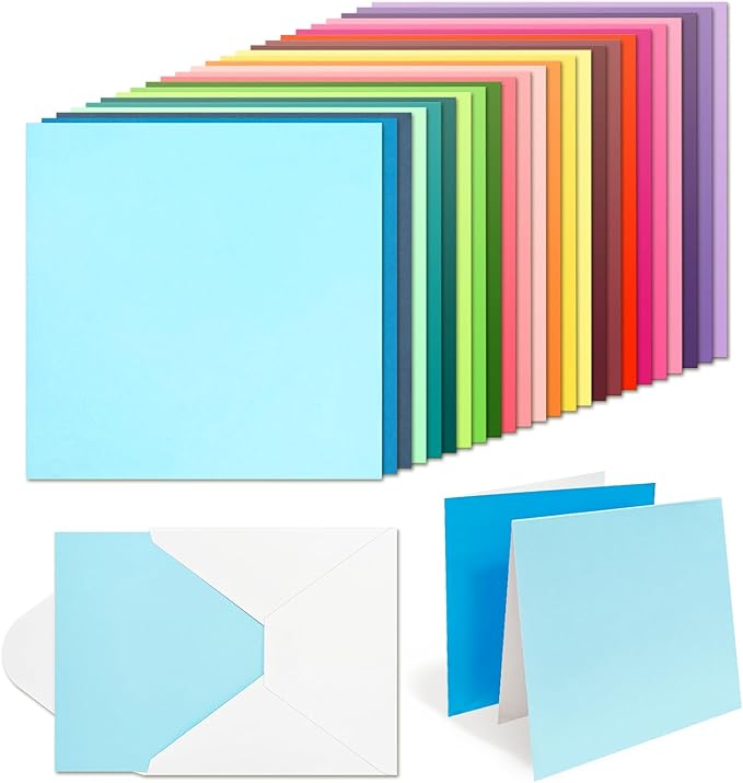 6 x 6 Inch Sqaure Blank Cards with Envelopes 100LB Folded Greeting Cards 24 Assorted Colors 48 Thick Plain Card Stock for Card Making, Photo Cards, Embroidery