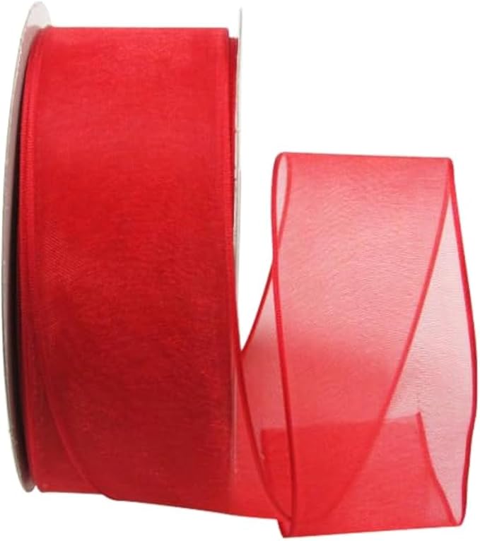 Ribbon Bazaar Sheer Organza Wired Ribbon - 100% Polyester Wire Edged Ribbon for Floral Decor, Table Arrangements, Apparel Embellishment & More - 1-1/2" Red 25yd