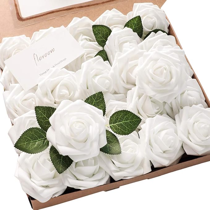 Floroom Artificial Flowers 50pcs Realistic White Foam Fake Roses with Stems for DIY Wedding Bouquets Baby Shower Centerpieces Floral Arrangements Party Tables Home Decorations