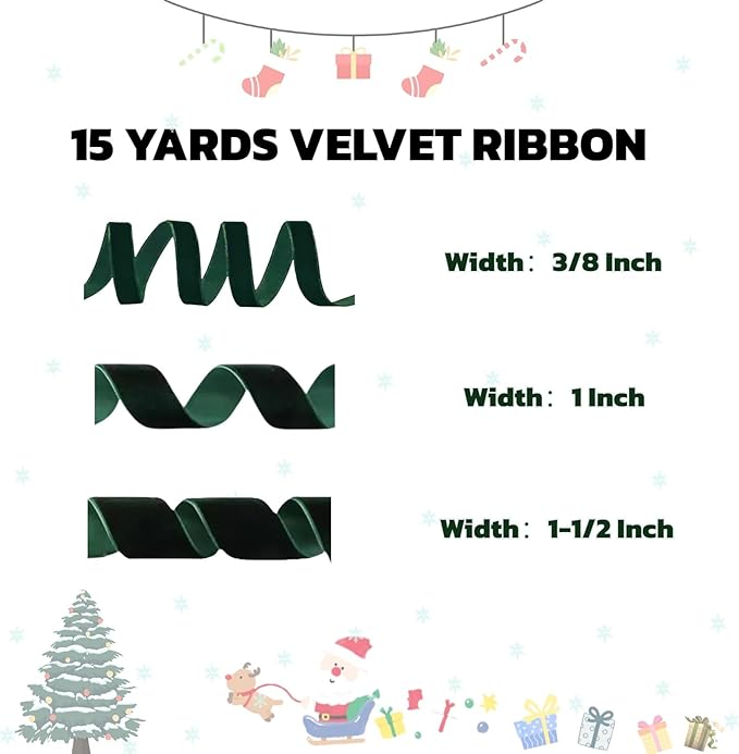 15 Yards Velvet Ribbon 1-1/2 Inch Single Face Green Velvet Ribbon Spool Prefect for Wedding, Ribbons for Gift Wrapping, Christmas Tree Ornaments Wreath Hair Bows, Ribbons for Crafts
