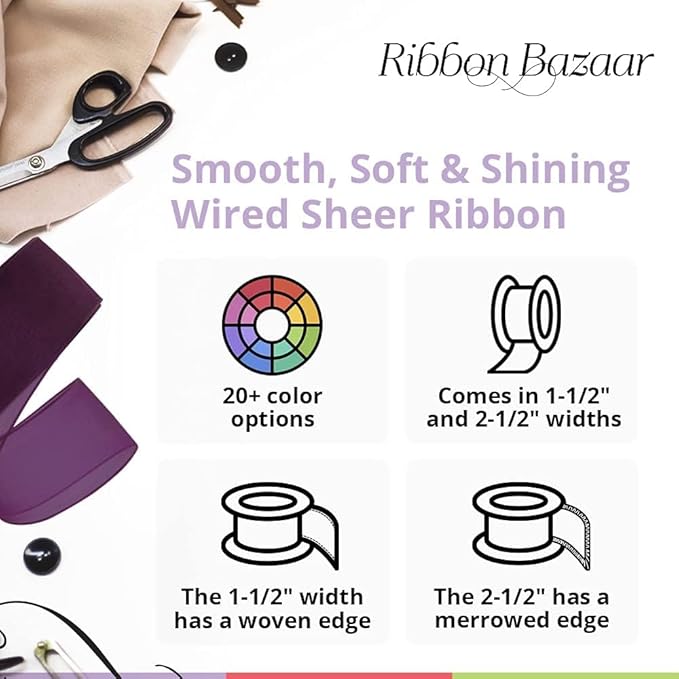 Ribbon Bazaar Sheer Organza Wired Ribbon - 100% Polyester Wire Edged Ribbon for Floral Decor, Table Arrangements, Apparel Embellishment & More - 1-1/2" Moss 25yd